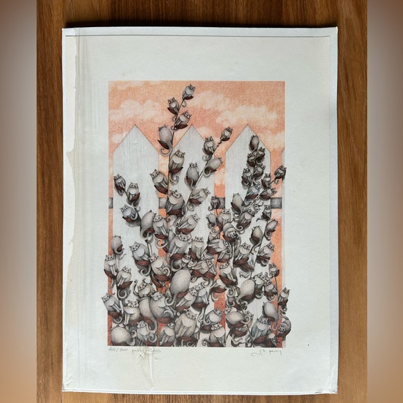 Cat Art J.S. Perry Signed Print 455/800 "Pussywillows" Jamie S. Perry Garden Cat - Picture 2 of 11